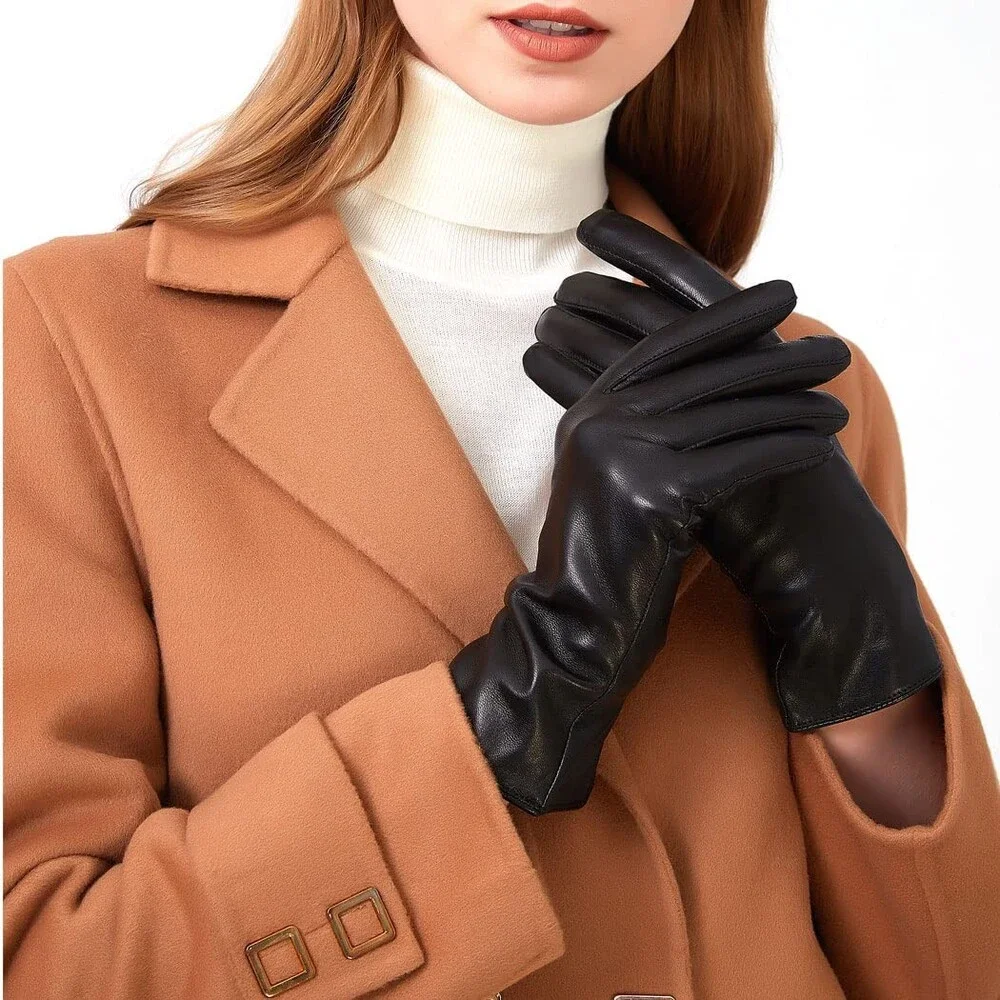 ZLUXURQ Women's Black Luxury Italian Soft Leather Gloves Genuine SMALL-6.5